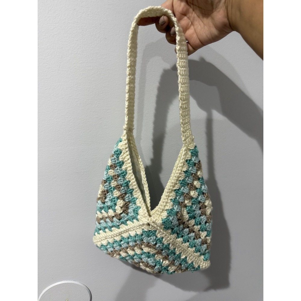 Handmade Crochet Purse Tan, Brown, Blue Granny Square Shoulder Bag Boho Hobo P